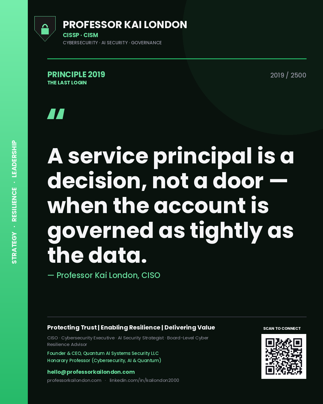 Quote card by Professor Kai London reading 'A service principal is a decision, not a door — when the account is governed as tightly as the data.'. From the book The Last Login.