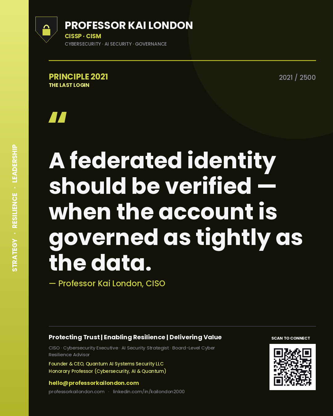 Quote card by Professor Kai London reading 'A federated identity should be verified — when the account is governed as tightly as the data.'. From the book The Last Login.