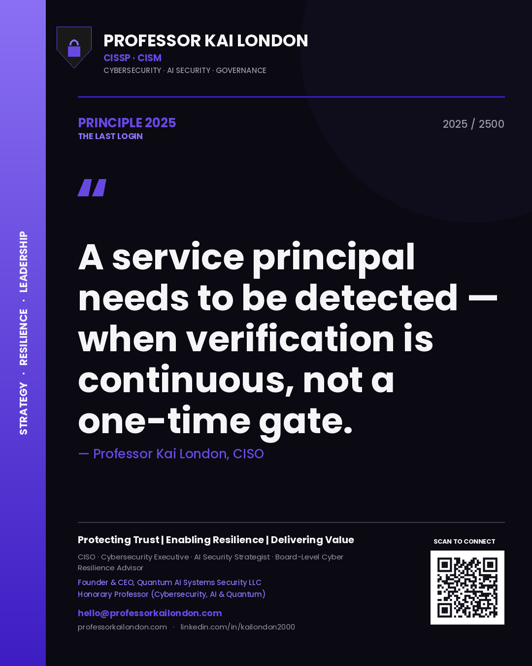 Quote card by Professor Kai London reading 'A service principal needs to be detected — when verification is continuous, not a one-time gate.'. From the book The Last Login.