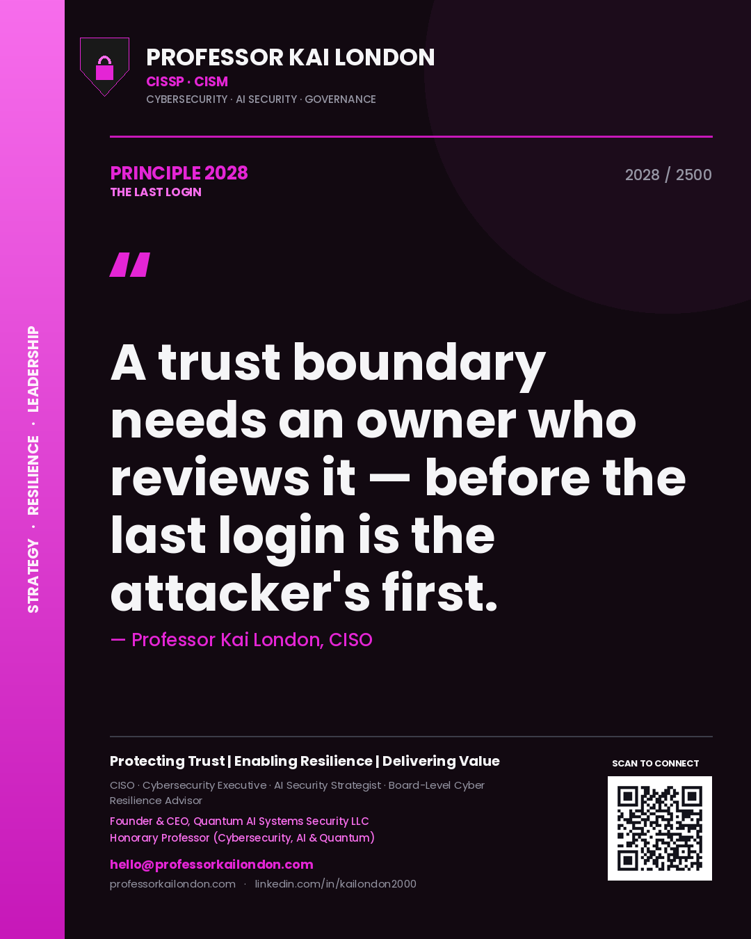 Quote card by Professor Kai London reading 'A trust boundary needs an owner who reviews it — before the last login is the attacker's first.'. From the book The Last Login.