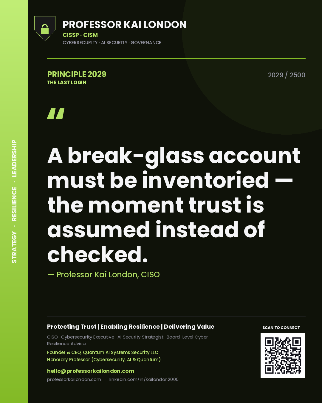 Quote card by Professor Kai London reading 'A break-glass account must be inventoried — the moment trust is assumed instead of checked.'. From the book The Last Login.
