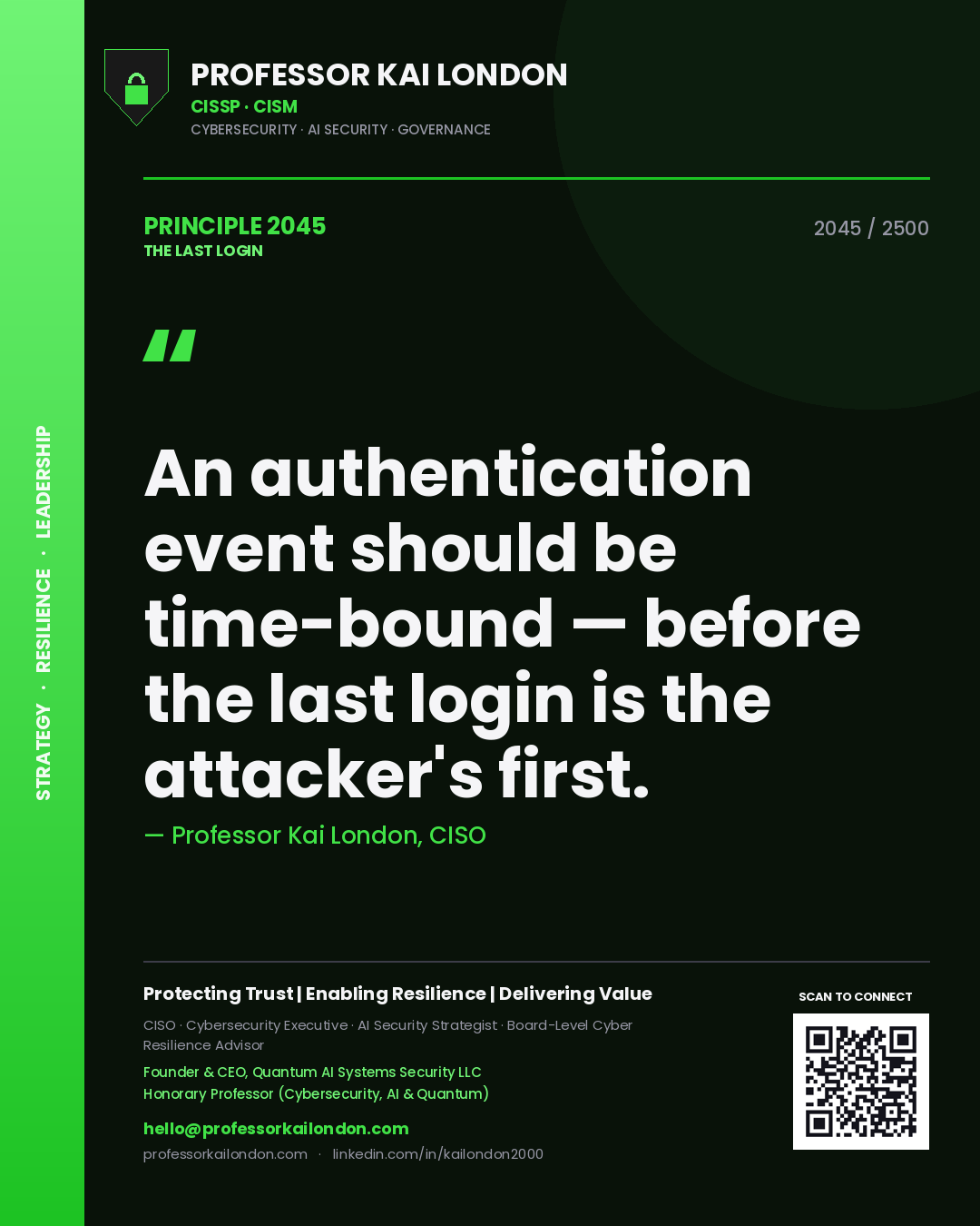 Quote card by Professor Kai London reading 'An authentication event should be time-bound — before the last login is the attacker's first.'. From the book The Last Login.