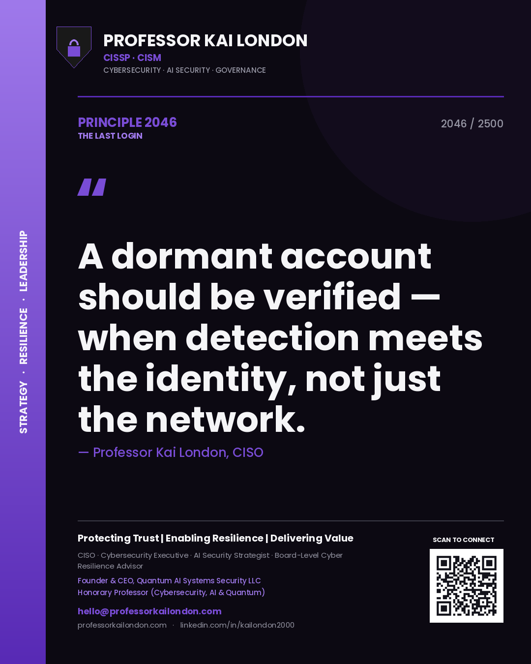 Quote card by Professor Kai London reading 'A dormant account should be verified — when detection meets the identity, not just the network.'. From the book The Last Login.