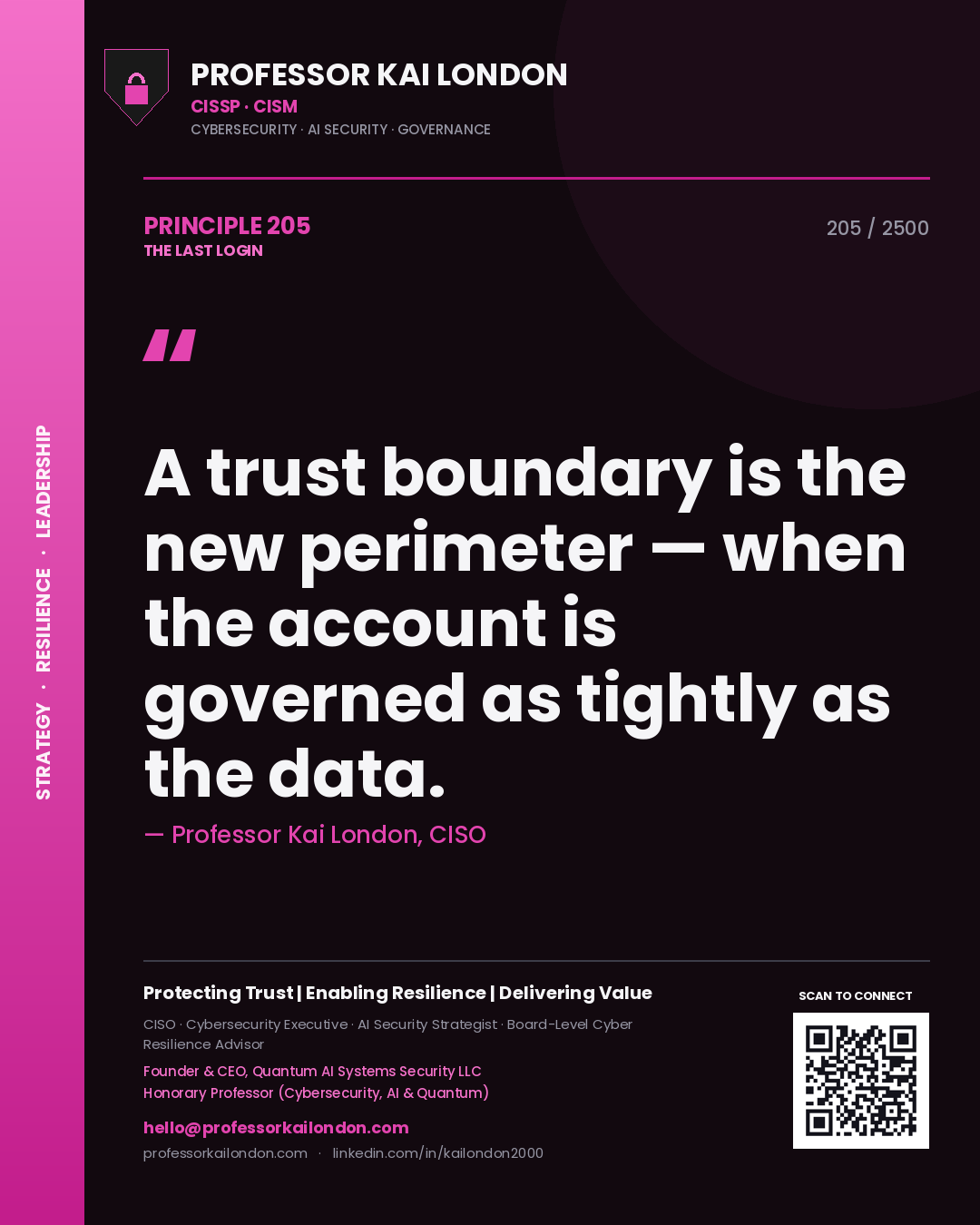 Quote card by Professor Kai London reading 'A trust boundary is the new perimeter — when the account is governed as tightly as the data.'. From the book The Last Login.