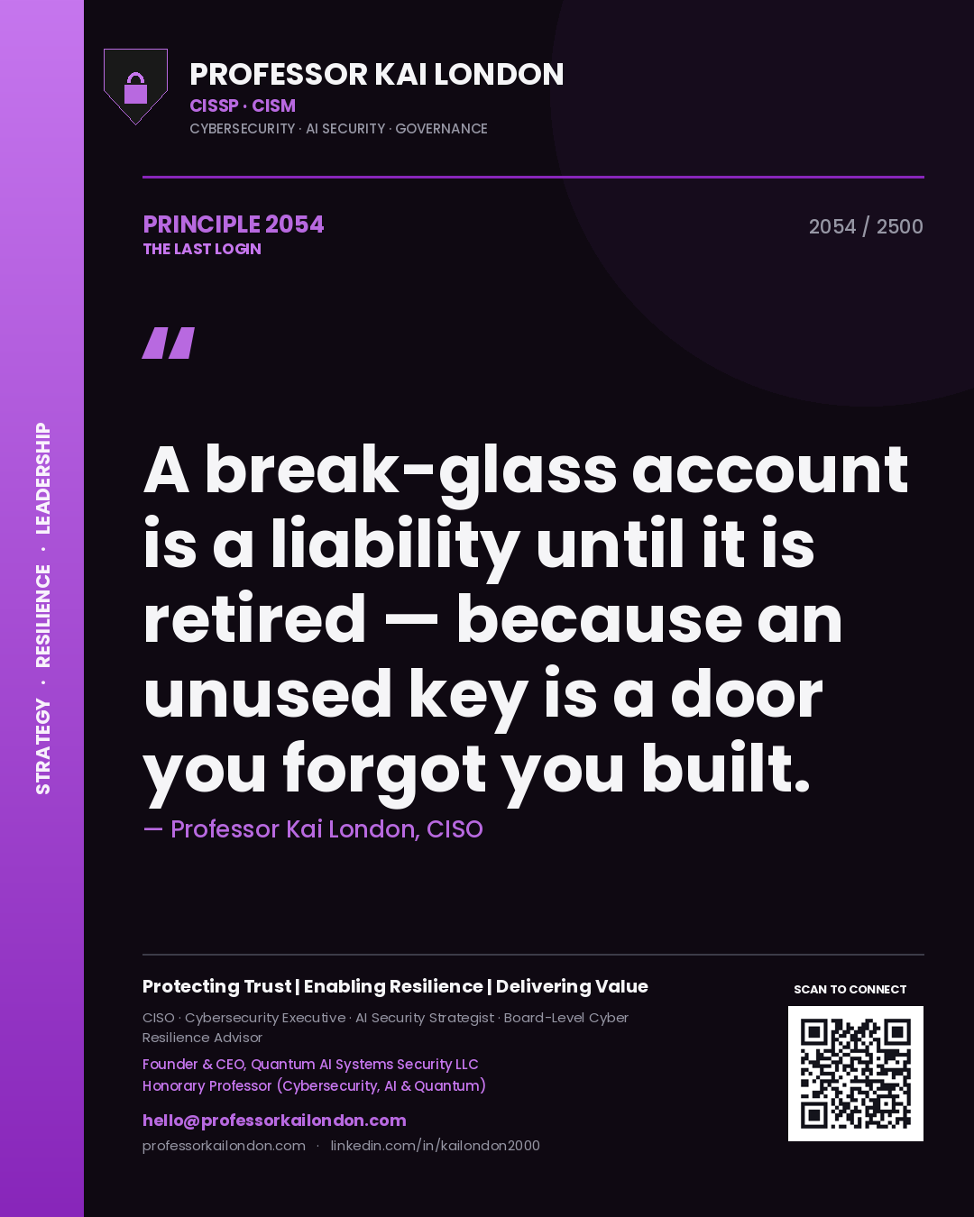 Quote card by Professor Kai London reading 'A break-glass account is a liability until it is retired — because an unused key is a door you forgot you built.'. From the book The Last Login.
