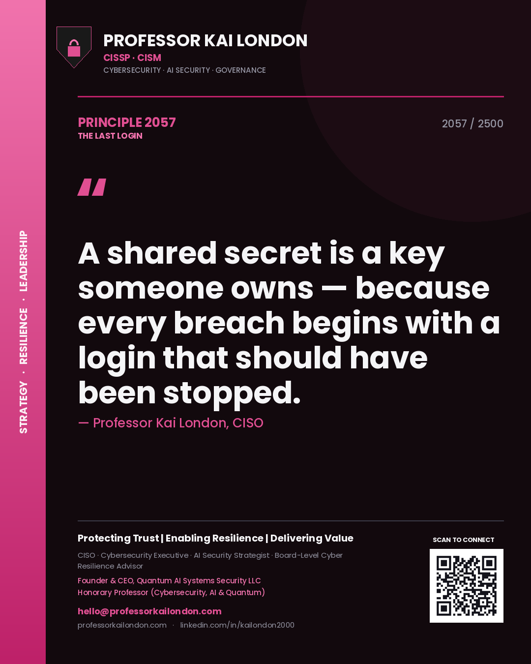 Quote card by Professor Kai London reading 'A shared secret is a key someone owns — because every breach begins with a login that should have been stopped.'. From the book The Last Login.