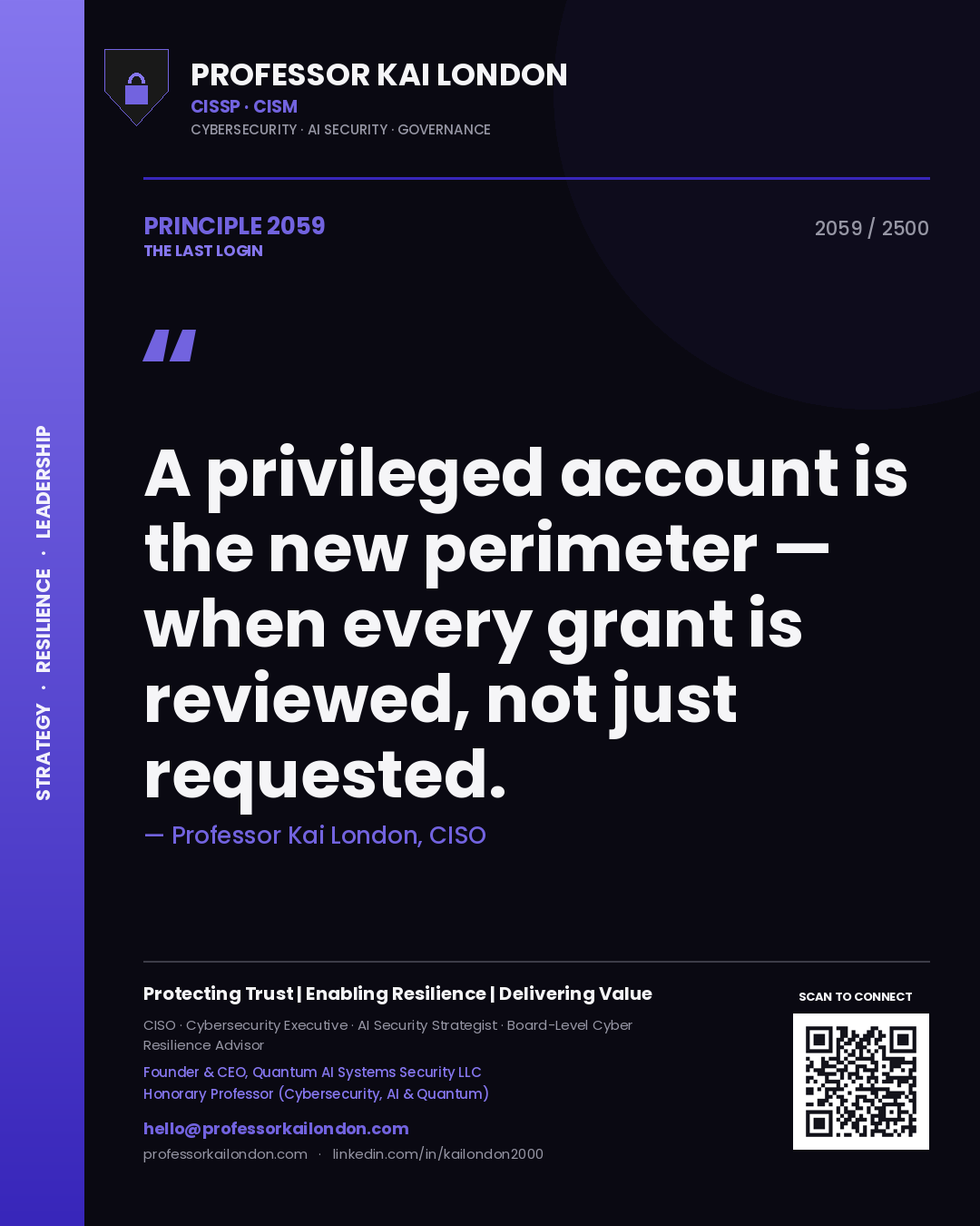 Quote card by Professor Kai London reading 'A privileged account is the new perimeter — when every grant is reviewed, not just requested.'. From the book The Last Login.