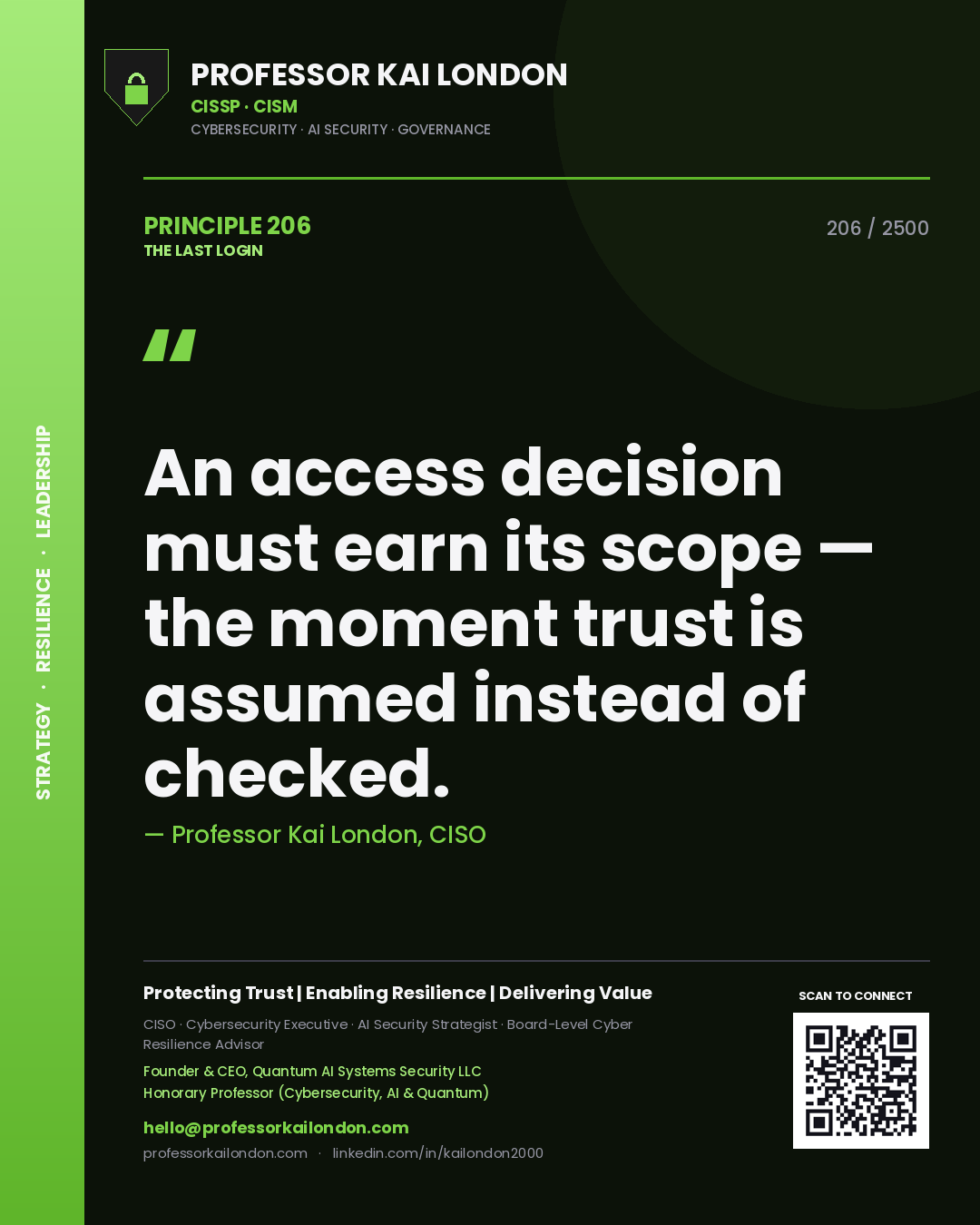 Quote card by Professor Kai London reading 'An access decision must earn its scope — the moment trust is assumed instead of checked.'. From the book The Last Login.