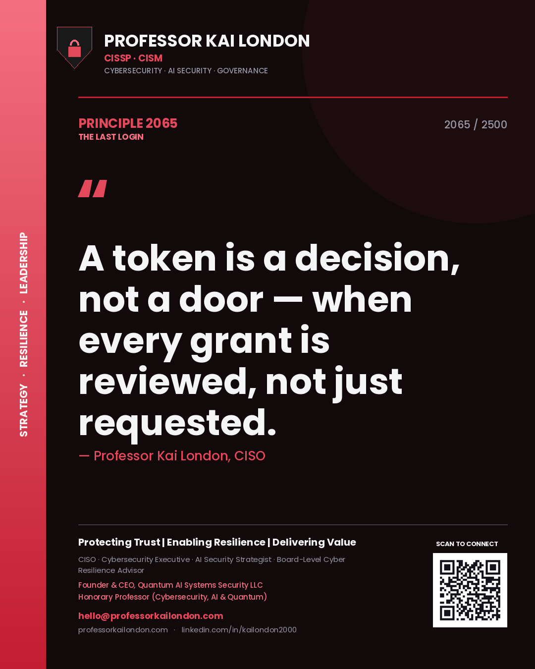 Quote card by Professor Kai London reading 'A token is a decision, not a door — when every grant is reviewed, not just requested.'. From the book The Last Login.