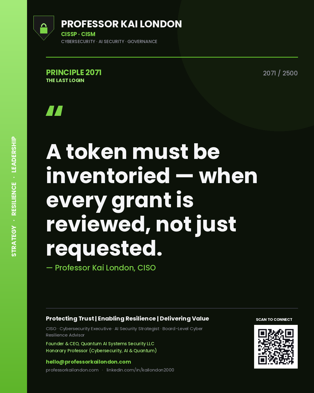 Quote card by Professor Kai London reading 'A token must be inventoried — when every grant is reviewed, not just requested.'. From the book The Last Login.