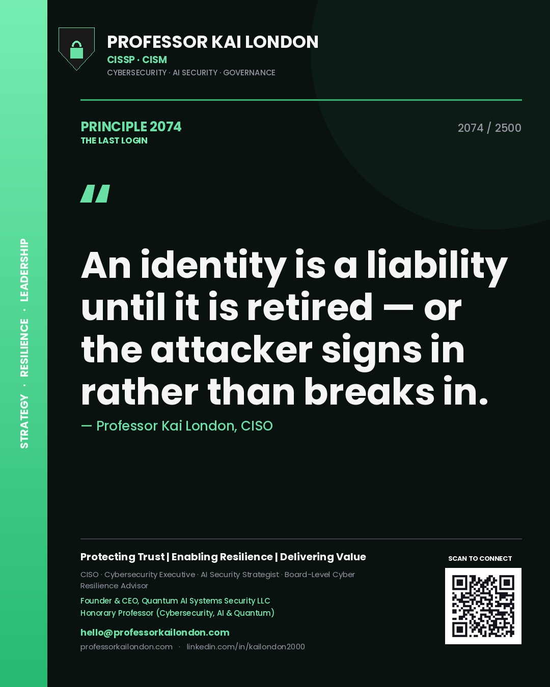 Quote card by Professor Kai London reading 'An identity is a liability until it is retired — or the attacker signs in rather than breaks in.'. From the book The Last Login.