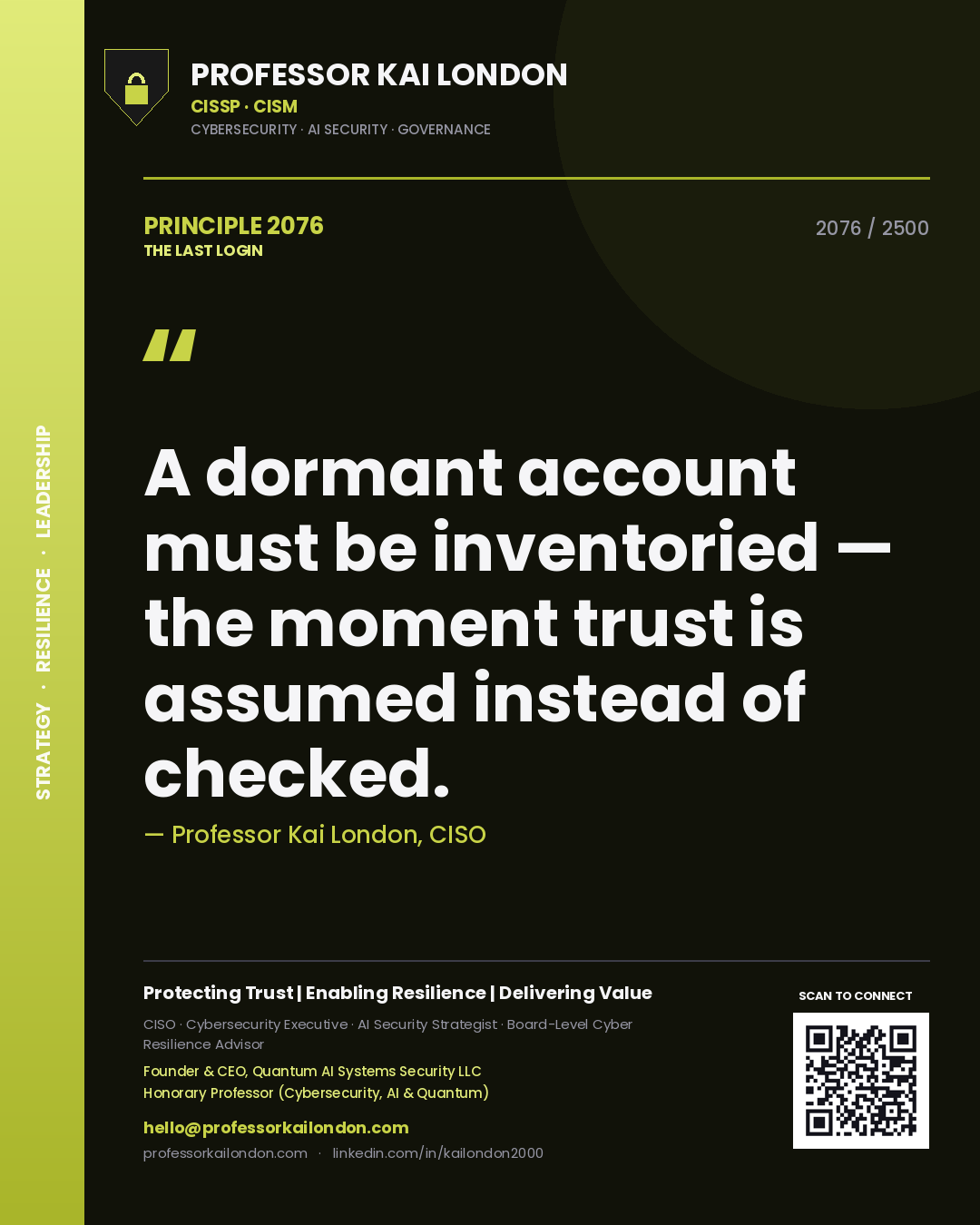 Quote card by Professor Kai London reading 'A dormant account must be inventoried — the moment trust is assumed instead of checked.'. From the book The Last Login.