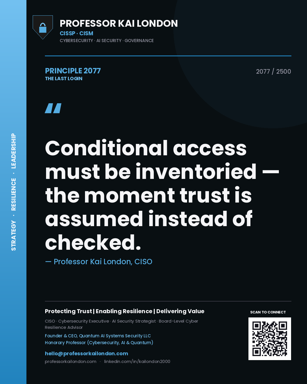 Quote card by Professor Kai London reading 'Conditional access must be inventoried — the moment trust is assumed instead of checked.'. From the book The Last Login.