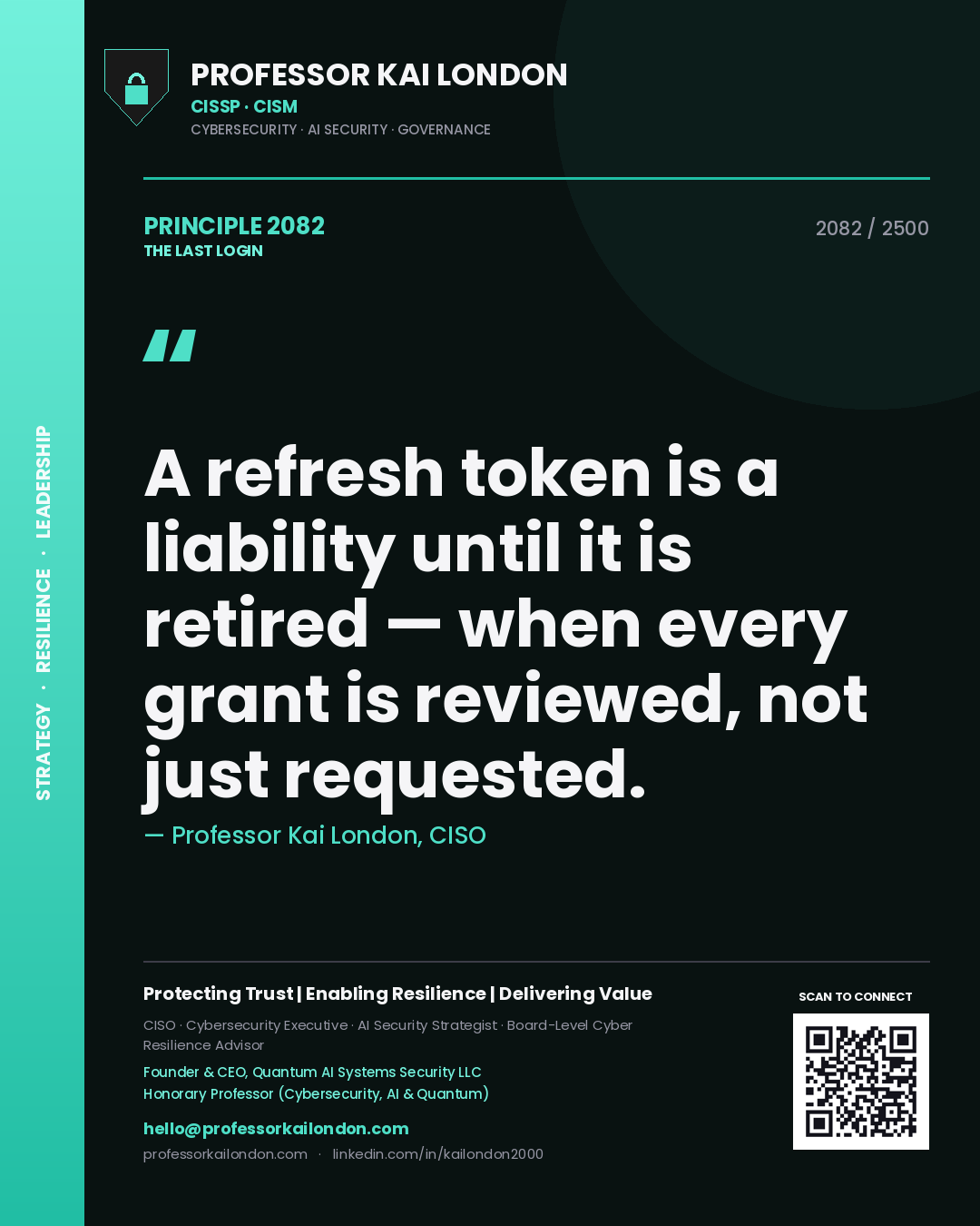 Quote card by Professor Kai London reading 'A refresh token is a liability until it is retired — when every grant is reviewed, not just requested.'. From the book The Last Login.