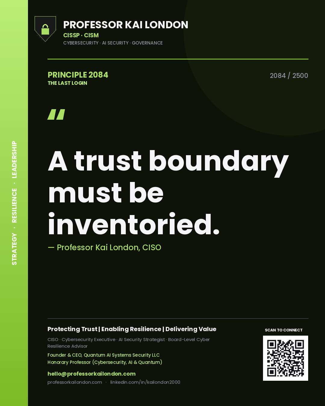 Quote card by Professor Kai London reading 'A trust boundary must be inventoried.'. From the book The Last Login.