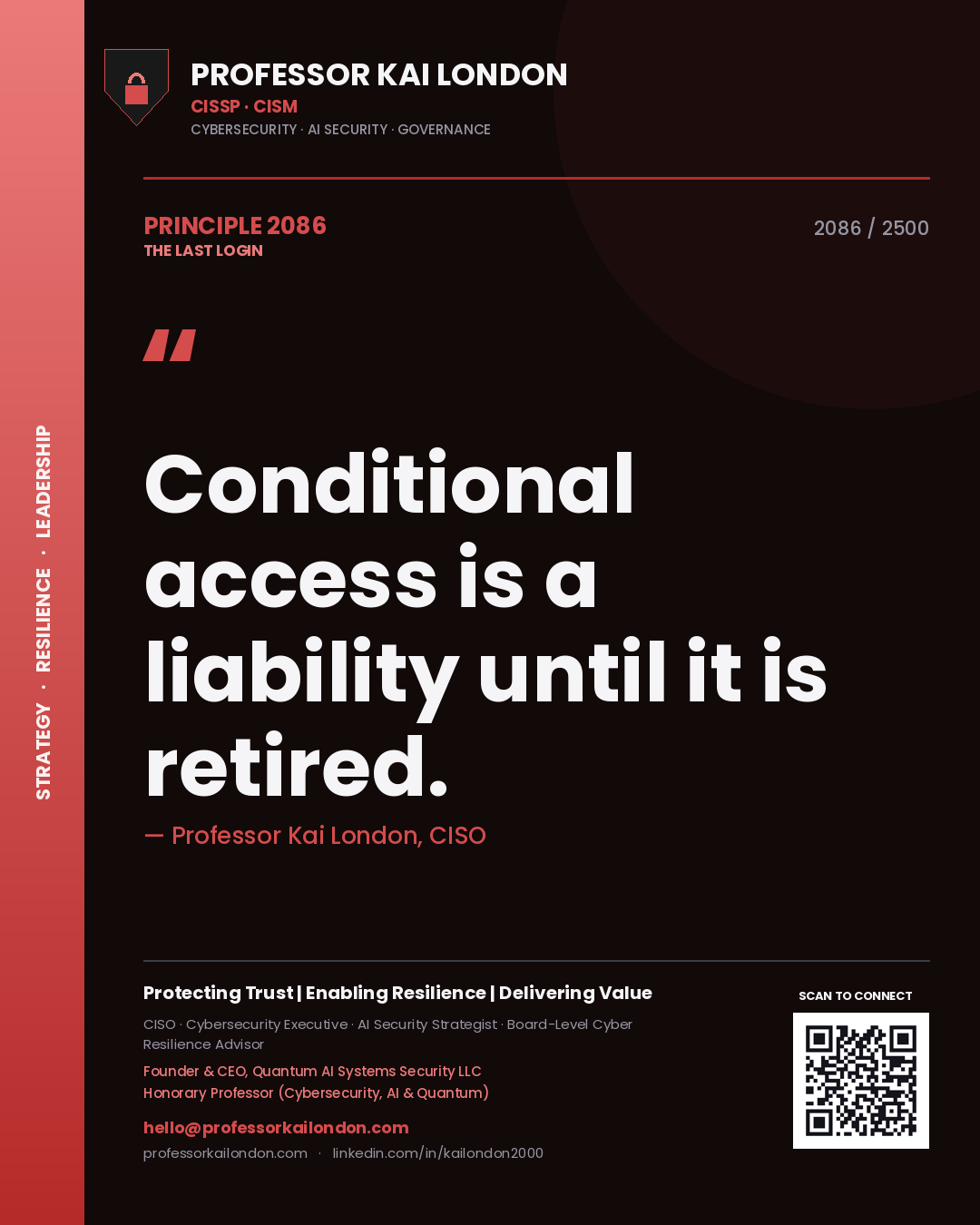 Quote card by Professor Kai London reading 'Conditional access is a liability until it is retired.'. From the book The Last Login.
