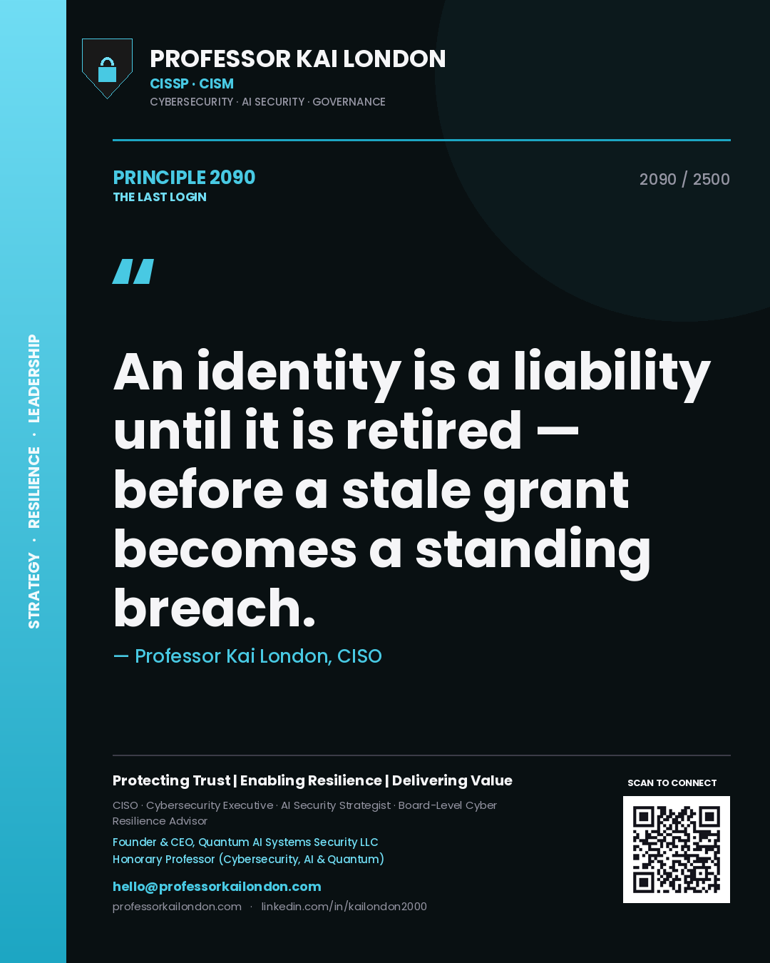 Quote card by Professor Kai London reading 'An identity is a liability until it is retired — before a stale grant becomes a standing breach.'. From the book The Last Login.