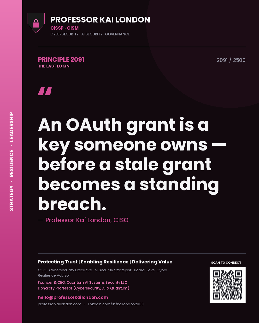 Quote card by Professor Kai London reading 'An OAuth grant is a key someone owns — before a stale grant becomes a standing breach.'. From the book The Last Login.