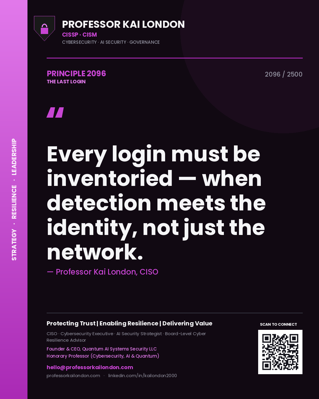 Quote card by Professor Kai London reading 'Every login must be inventoried — when detection meets the identity, not just the network.'. From the book The Last Login.