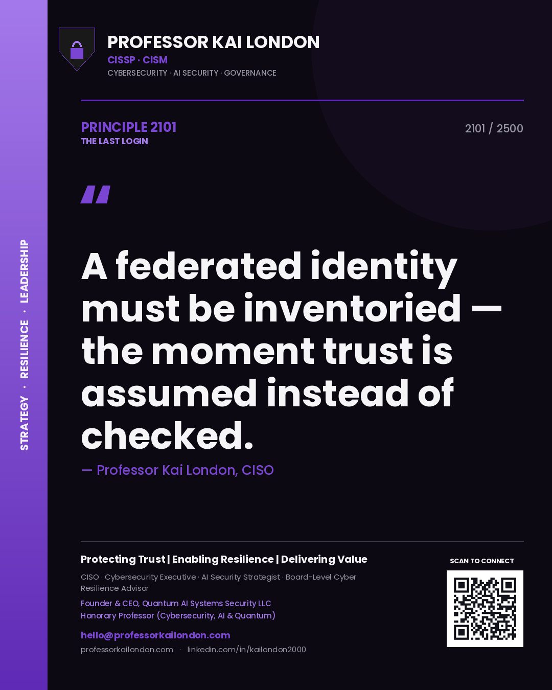 Quote card by Professor Kai London reading 'A federated identity must be inventoried — the moment trust is assumed instead of checked.'. From the book The Last Login.