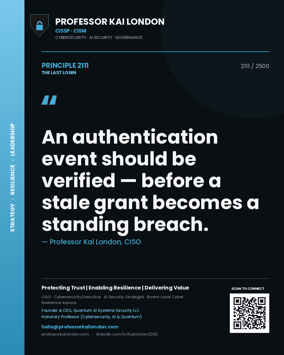 Quote card by Professor Kai London reading 'An authentication event should be verified — before a stale grant becomes a standing breach.'. From the book The Last Login.