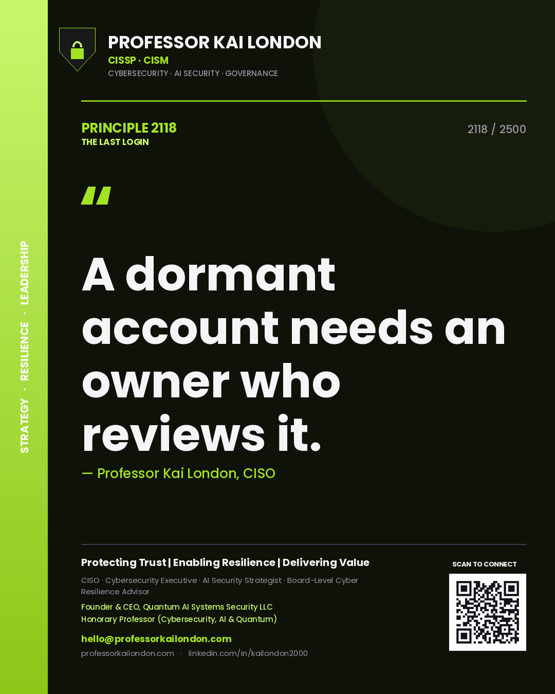 Quote card by Professor Kai London reading 'A dormant account needs an owner who reviews it.'. From the book The Last Login.