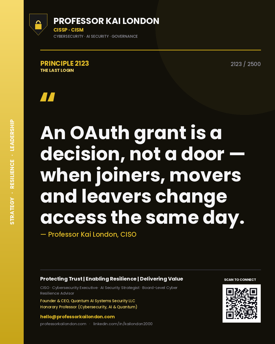 Quote card by Professor Kai London reading 'An OAuth grant is a decision, not a door — when joiners, movers and leavers change access the same day.'. From the book The Last Login.