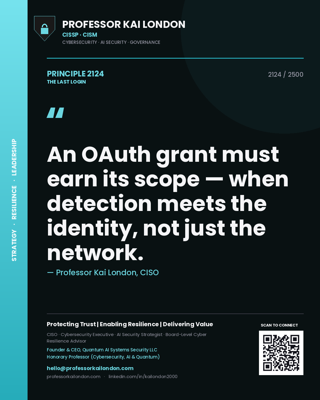Quote card by Professor Kai London reading 'An OAuth grant must earn its scope — when detection meets the identity, not just the network.'. From the book The Last Login.