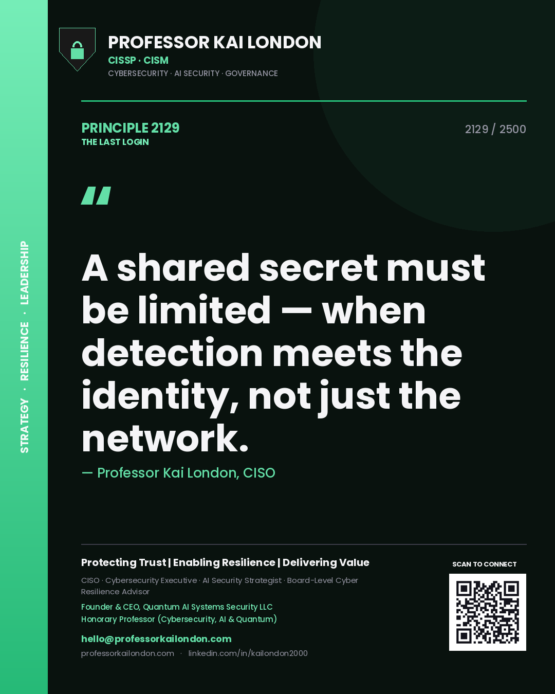 Quote card by Professor Kai London reading 'A shared secret must be limited — when detection meets the identity, not just the network.'. From the book The Last Login.