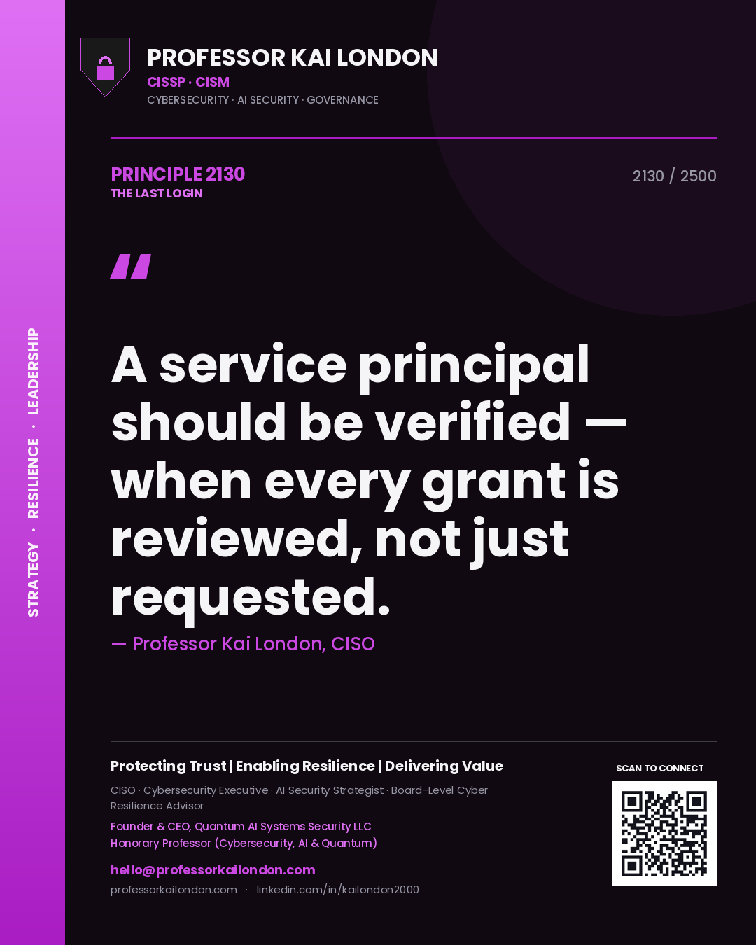 Quote card by Professor Kai London reading 'A service principal should be verified — when every grant is reviewed, not just requested.'. From the book The Last Login.