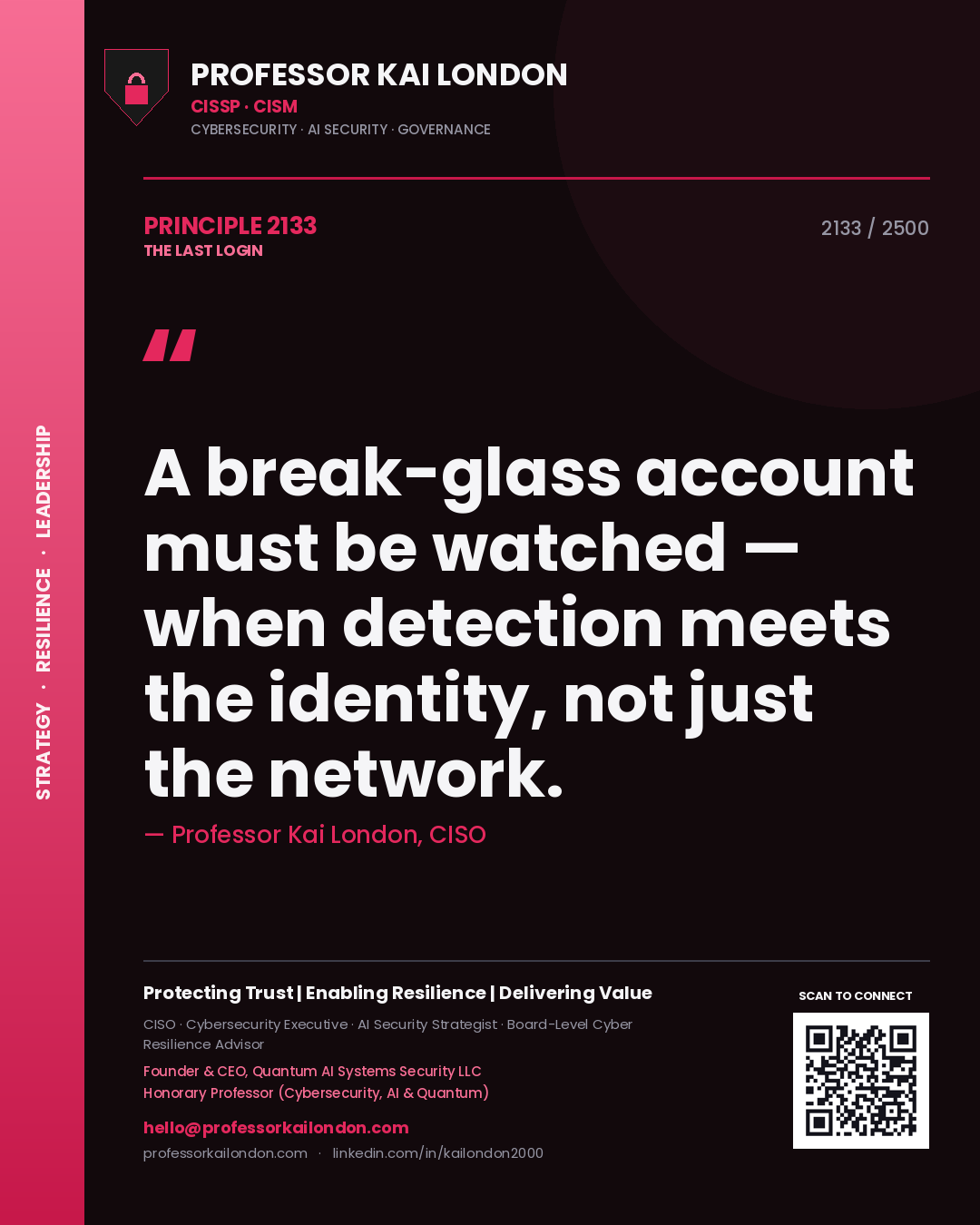 Quote card by Professor Kai London reading 'A break-glass account must be watched — when detection meets the identity, not just the network.'. From the book The Last Login.