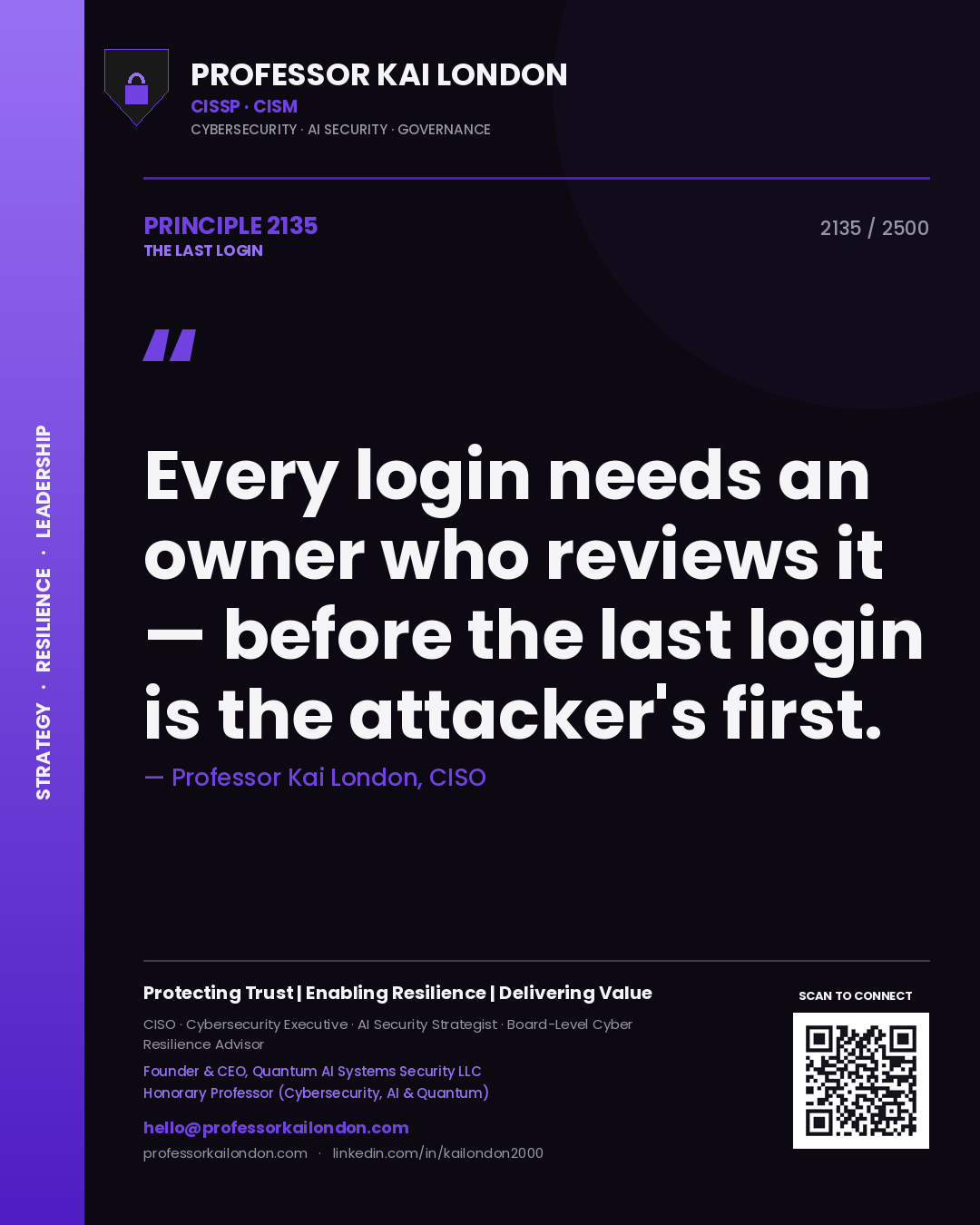 Quote card by Professor Kai London reading 'Every login needs an owner who reviews it — before the last login is the attacker's first.'. From the book The Last Login.