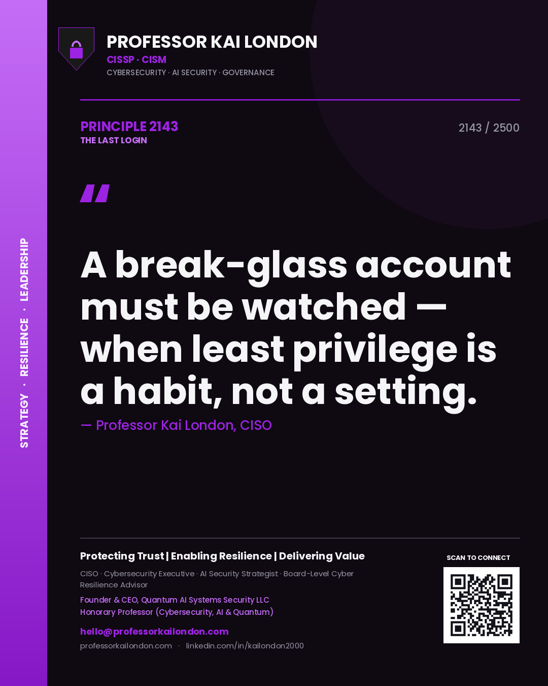 Quote card by Professor Kai London reading 'A break-glass account must be watched — when least privilege is a habit, not a setting.'. From the book The Last Login.