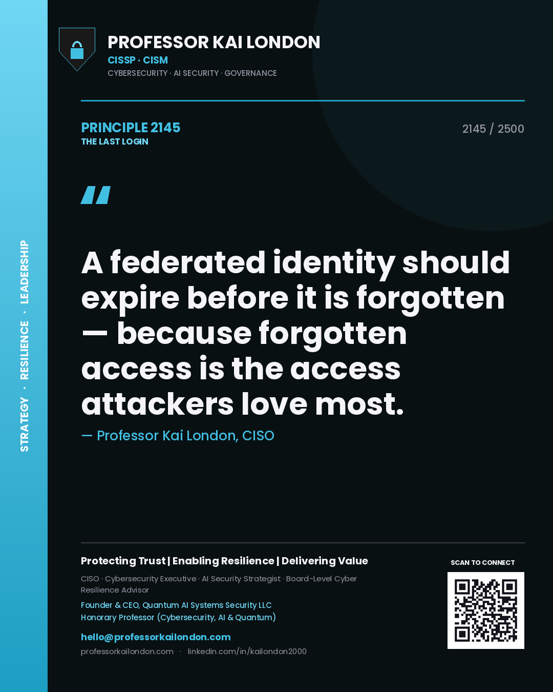 Quote card by Professor Kai London reading 'A federated identity should expire before it is forgotten — because forgotten access is the access attackers love most.'. From the book The Last Login.