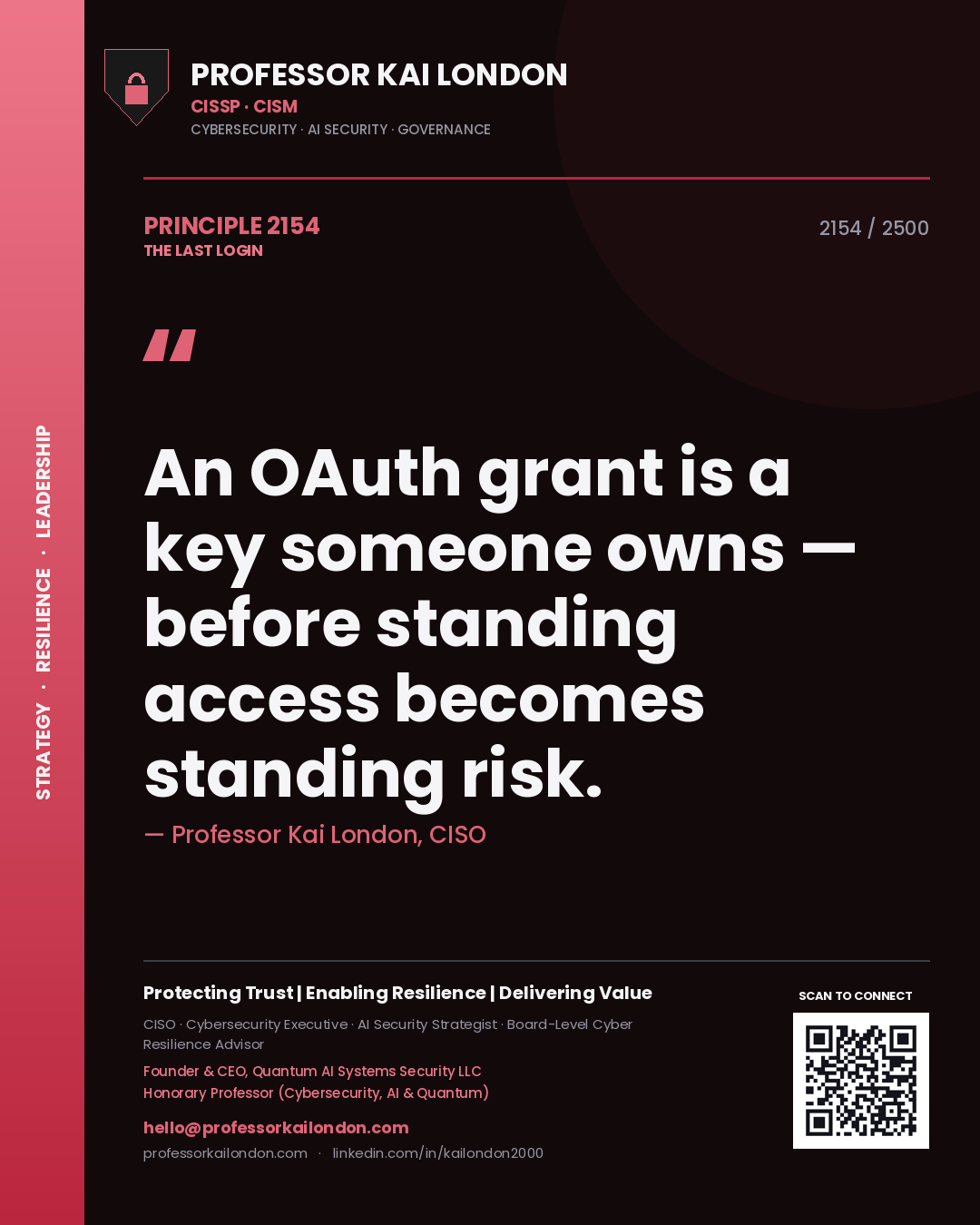 Quote card by Professor Kai London reading 'An OAuth grant is a key someone owns — before standing access becomes standing risk.'. From the book The Last Login.