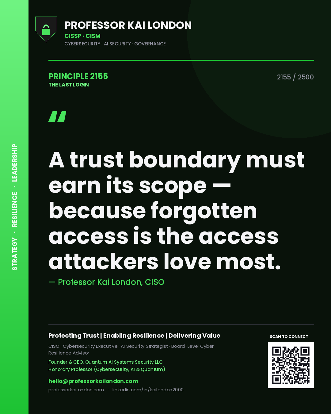 Quote card by Professor Kai London reading 'A trust boundary must earn its scope — because forgotten access is the access attackers love most.'. From the book The Last Login.