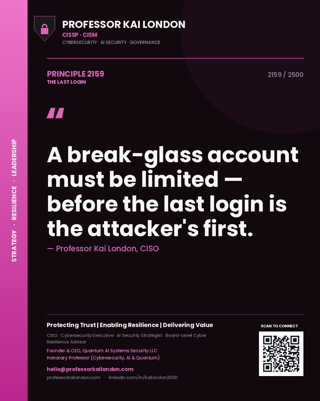 Quote card by Professor Kai London reading 'A break-glass account must be limited — before the last login is the attacker's first.'. From the book The Last Login.