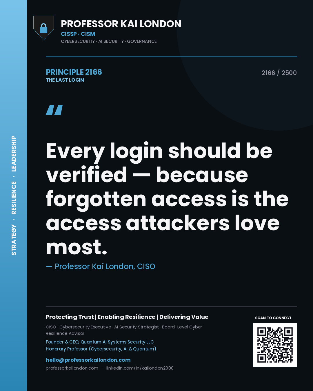 Quote card by Professor Kai London reading 'Every login should be verified — because forgotten access is the access attackers love most.'. From the book The Last Login.