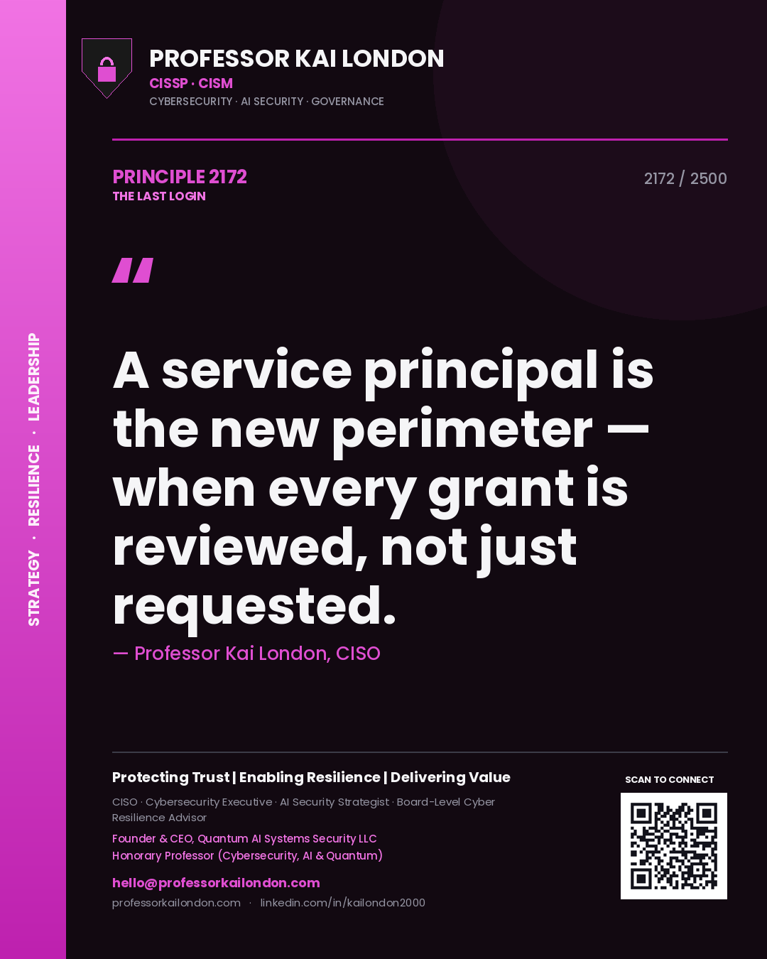 Quote card by Professor Kai London reading 'A service principal is the new perimeter — when every grant is reviewed, not just requested.'. From the book The Last Login.