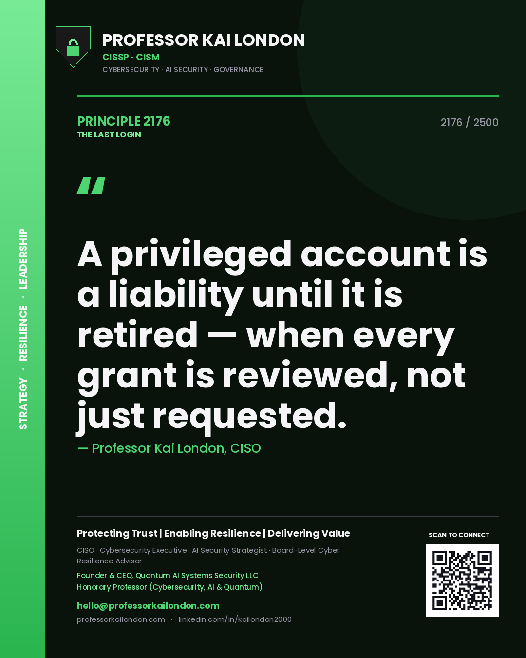 Quote card by Professor Kai London reading 'A privileged account is a liability until it is retired — when every grant is reviewed, not just requested.'. From the book The Last Login.
