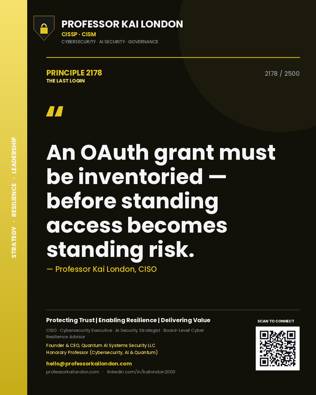 Quote card by Professor Kai London reading 'An OAuth grant must be inventoried — before standing access becomes standing risk.'. From the book The Last Login.