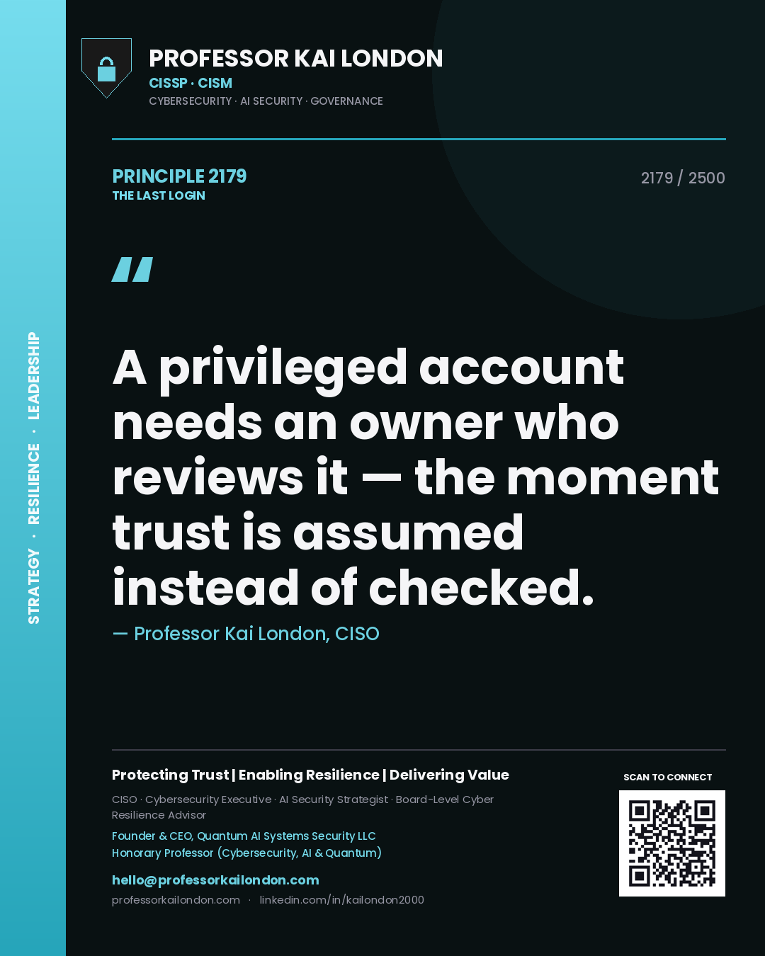 Quote card by Professor Kai London reading 'A privileged account needs an owner who reviews it — the moment trust is assumed instead of checked.'. From the book The Last Login.
