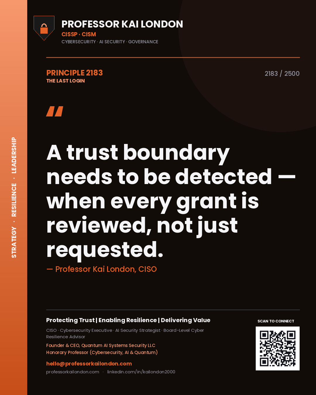 Quote card by Professor Kai London reading 'A trust boundary needs to be detected — when every grant is reviewed, not just requested.'. From the book The Last Login.