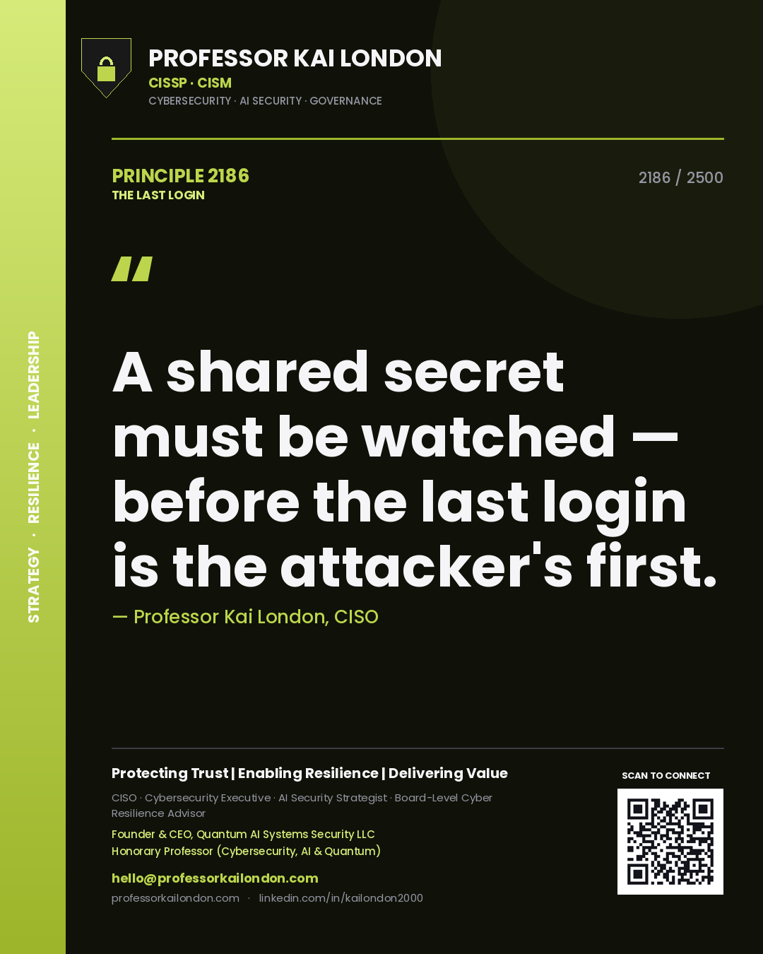 Quote card by Professor Kai London reading 'A shared secret must be watched — before the last login is the attacker's first.'. From the book The Last Login.