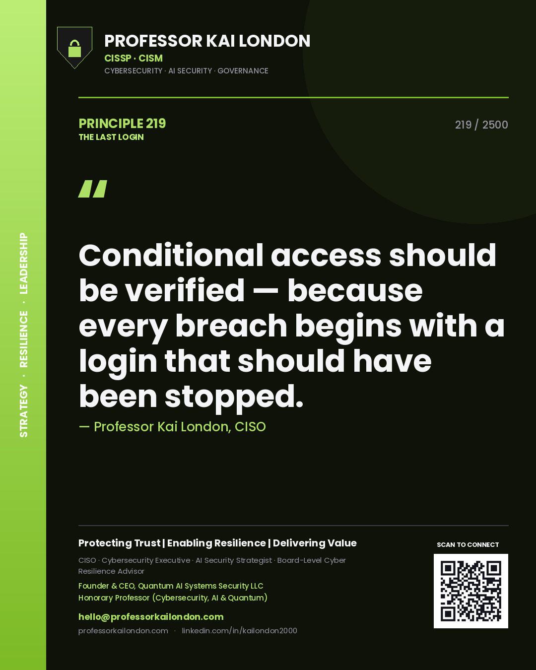 Professor Kai London principle 219: Conditional access should be verified — because every breach begins with a login that should have been stopped.