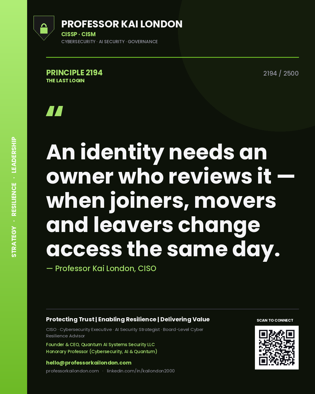 Quote card by Professor Kai London reading 'An identity needs an owner who reviews it — when joiners, movers and leavers change access the same day.'. From the book The Last Login.