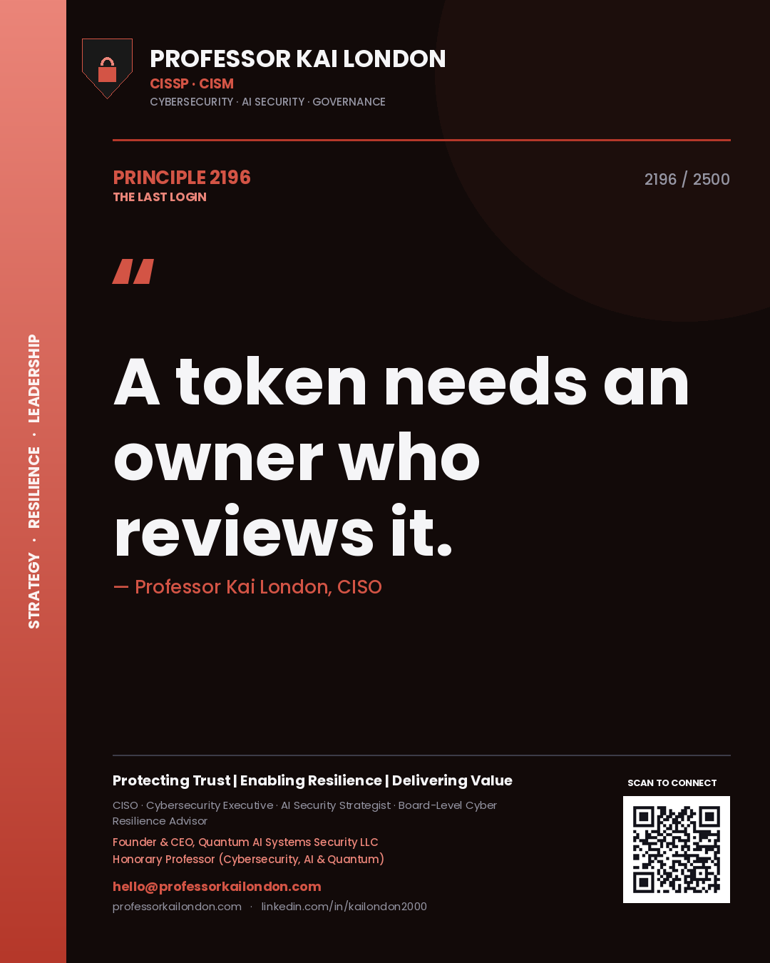 Quote card by Professor Kai London reading 'A token needs an owner who reviews it.'. From the book The Last Login.