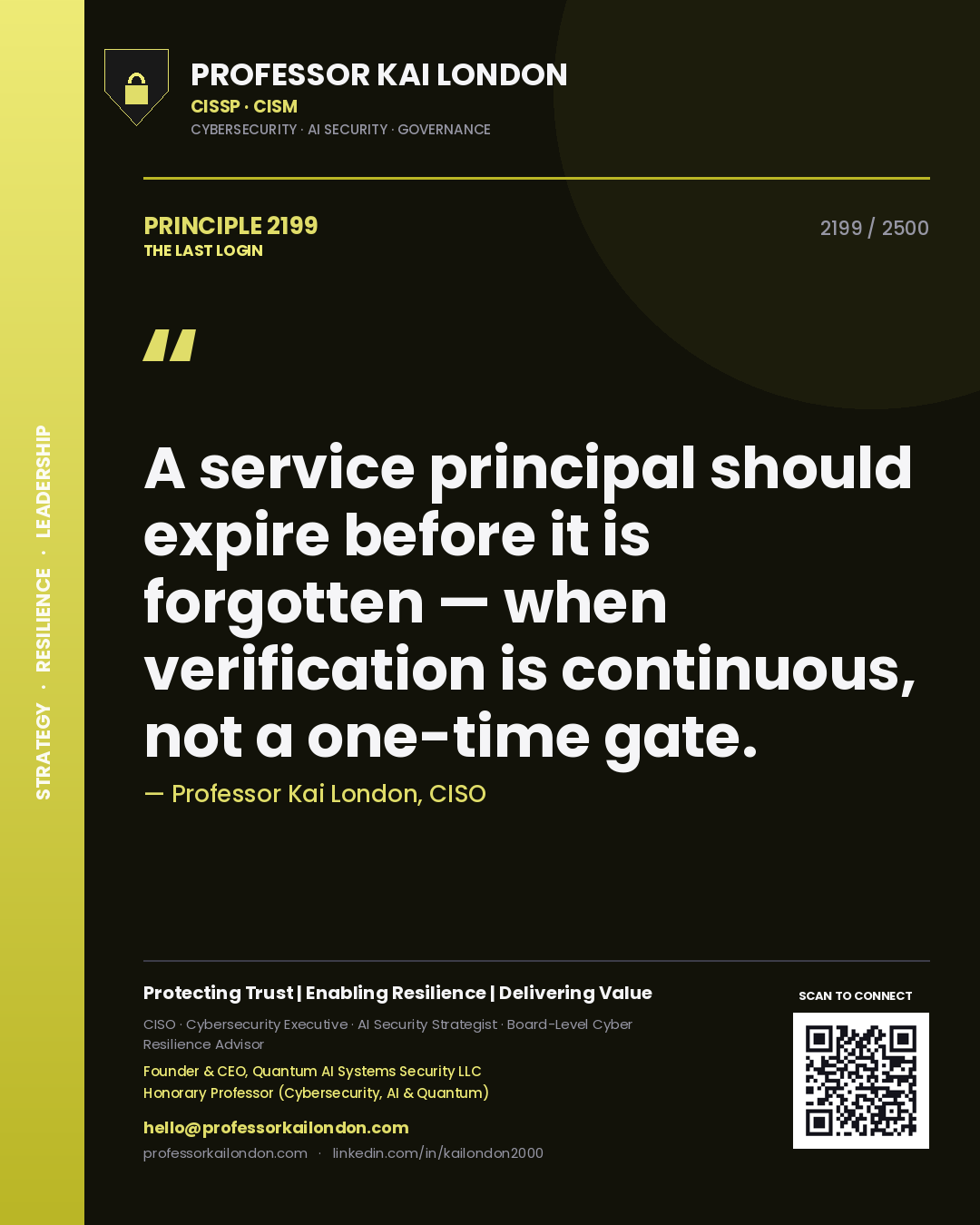 Quote card by Professor Kai London reading 'A service principal should expire before it is forgotten — when verification is continuous, not a one-time gate.'. From the book The Last Login.