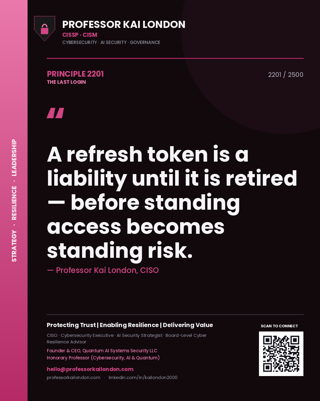 Quote card by Professor Kai London reading 'A refresh token is a liability until it is retired — before standing access becomes standing risk.'. From the book The Last Login.