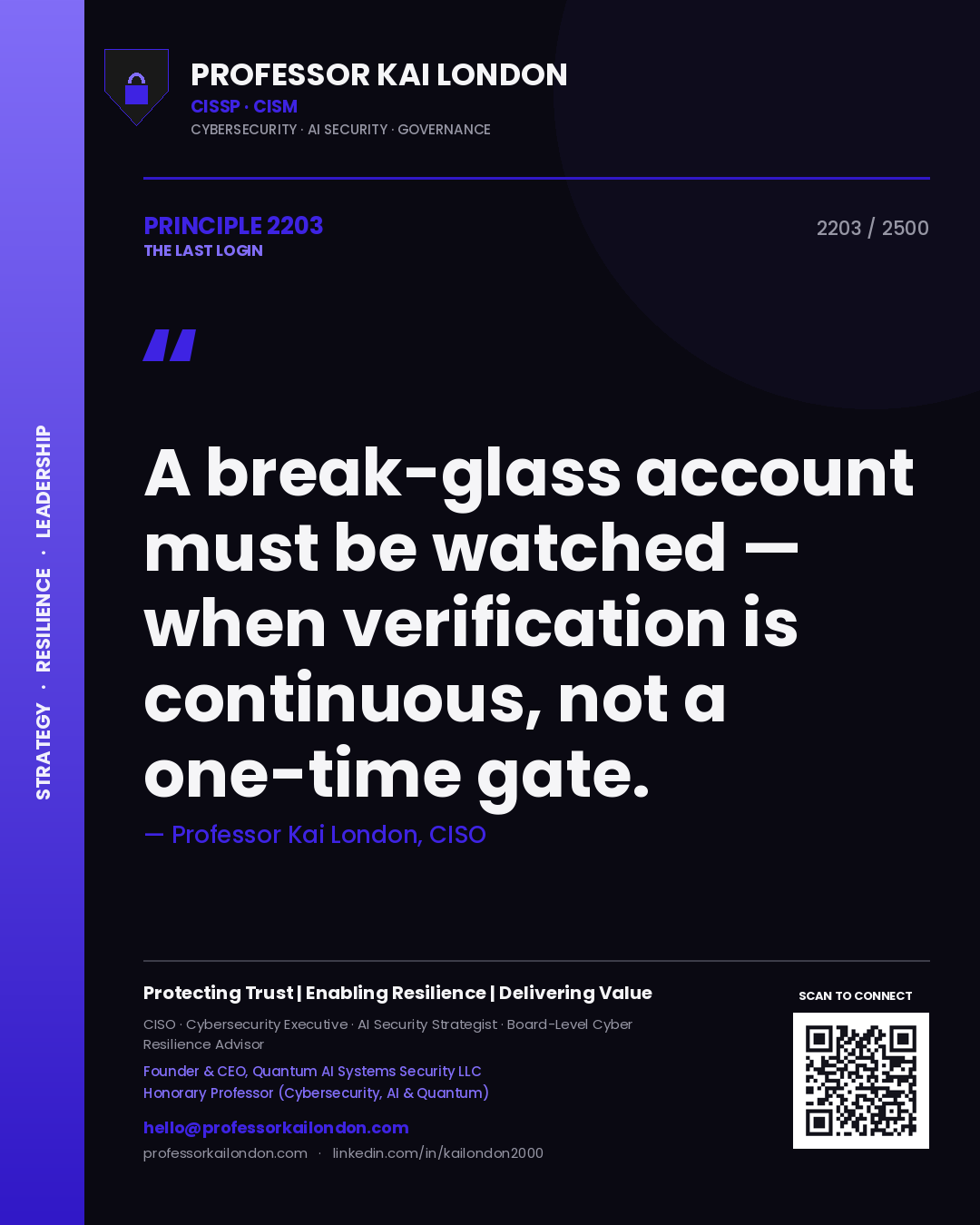 Professor Kai London principle 2203: A break-glass account must be watched — when verification is continuous, not a one-time gate.